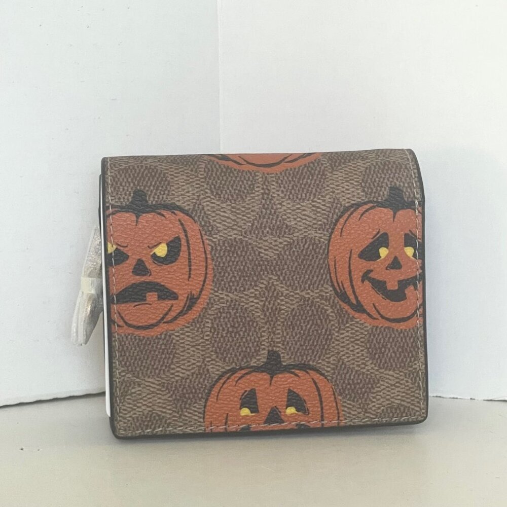 Coach Snap Wallet ID Pumpkin Halloween Signature Canvas Leather CCR19 - Picture 2 of 8